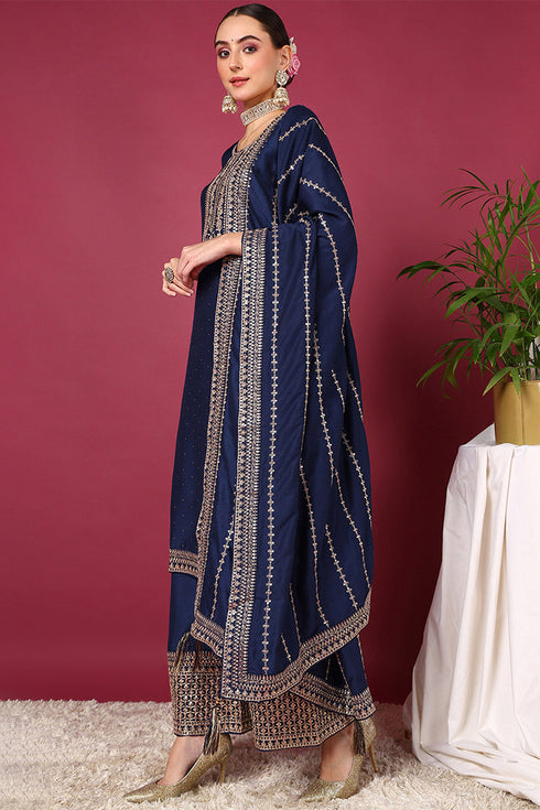 Plus Size Blue Silk Blend Solid Yoke Design Straight Suit Set